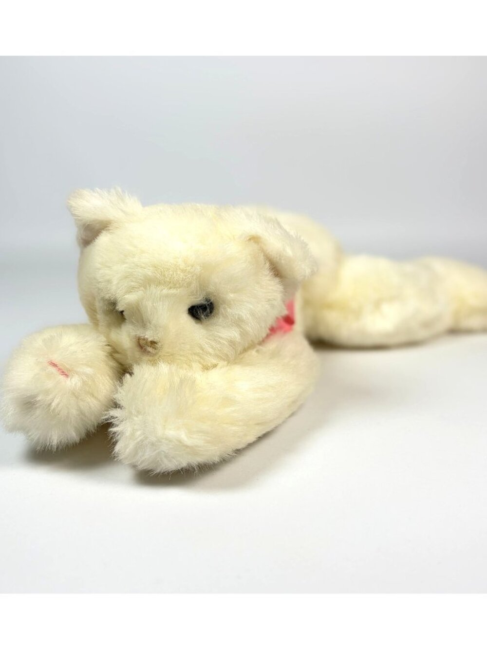 Vintage 1985 Gund Plush White Cat Stuffed Animal with Pink Bow Blue Eyes
